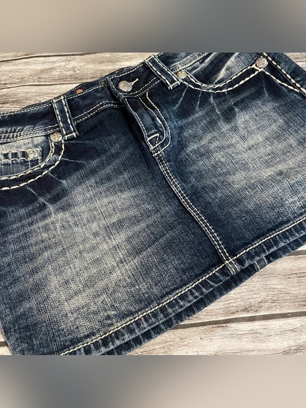 Miss Me Dark Indigo Denim Mini Skirt with Contrast Stitching